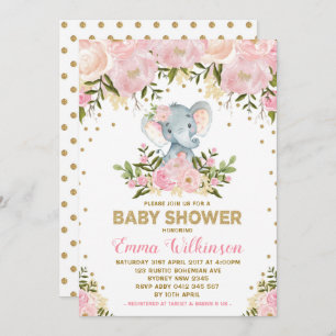 Pink & Gold Floral Elephant Baby Shower Invitation