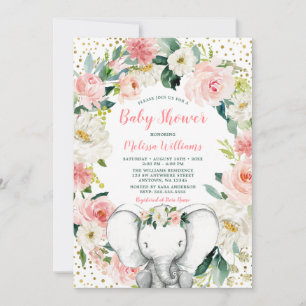 Pink Gold Floral Elephant Girl Baby Shower Invitation