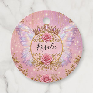 Pink & Gold Floral Fairy Princess Roses Butterfly Favour Tags
