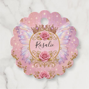 Pink & Gold Floral Fairy Princess Roses Butterfly Favour Tags
