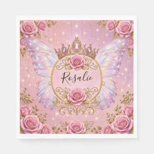 Pink & Gold Floral Fairy Princess Roses Butterfly Napkin