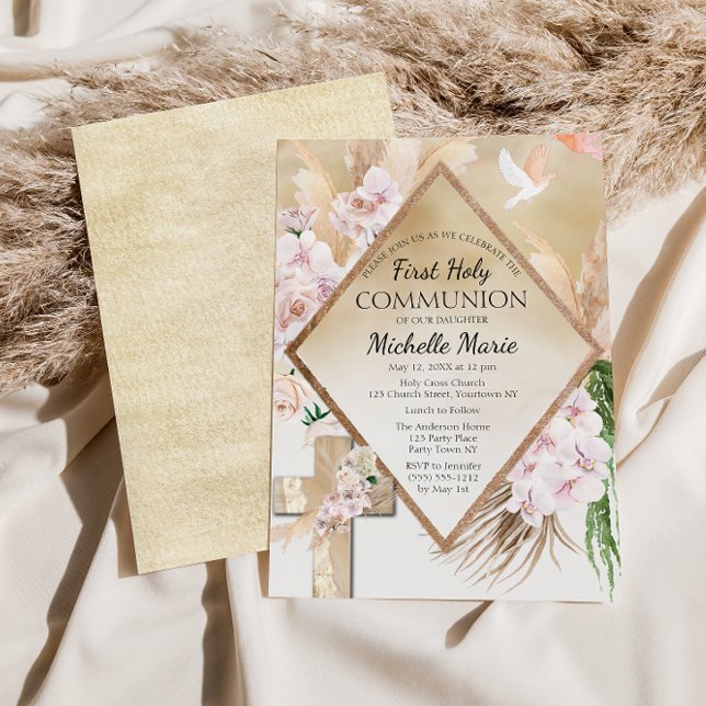 Pink Gold Floral First Holy Communion Girl Invitation (Creator Uploaded)