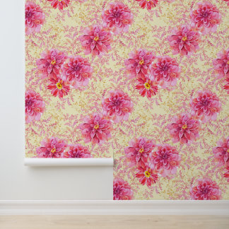 Pink Gold Floral Flowers on Cream Wallpaper
