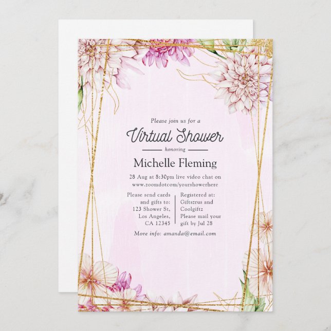 Pink & Gold Floral Geometric Virtual Shower Invitation (Front/Back)