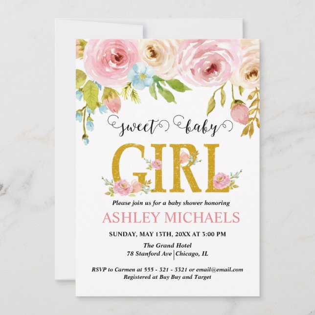 Pink Gold Floral Girl Baby Shower Invitation (Front)