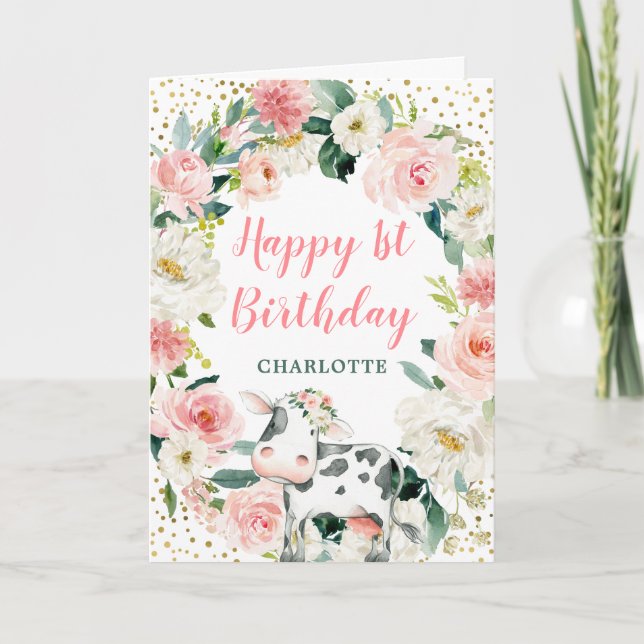 Pink Gold Floral Girl Cow 1st Birthday Card (Front)