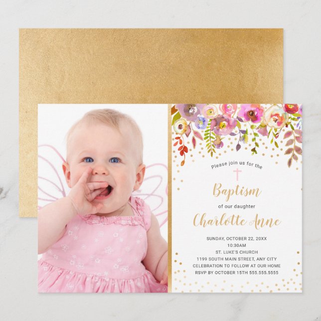 Pink Gold floral girl photo Baptism invitation (Front/Back)