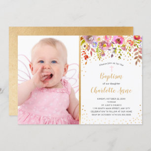 Pink Gold floral girl photo Baptism invitation