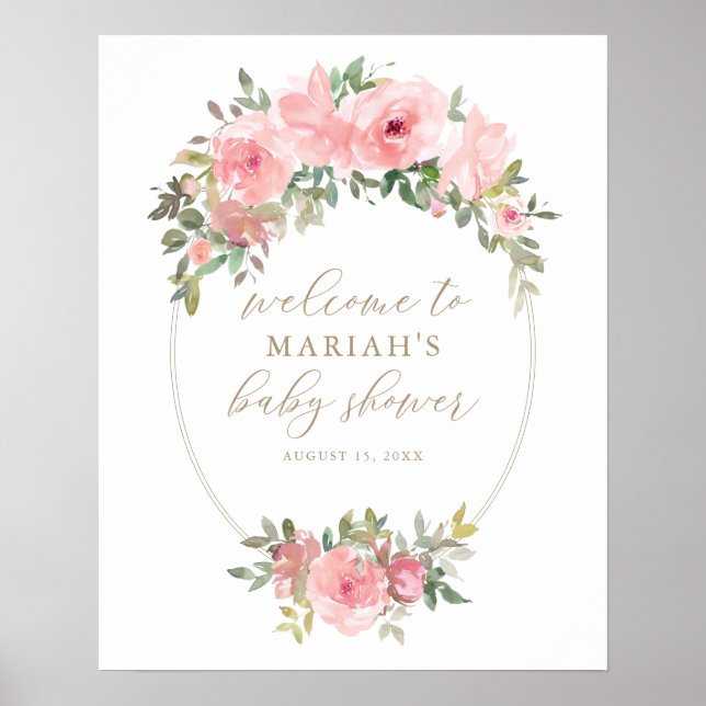 Pink Gold Floral Greenery Baby Shower Welcome Sign (Front)