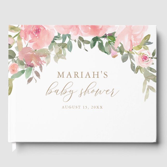 Pink Gold Floral Greenery Girl Baby Shower Guest Book (Front)