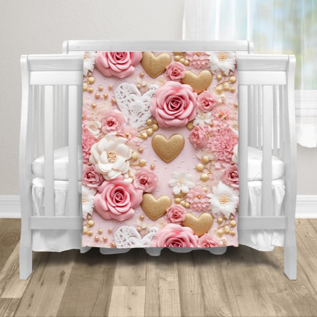 Pink Gold Floral Heart Fleece Blanket (Sweet gold hearts and roses baby blanket. You can add text and a color to the backside.)