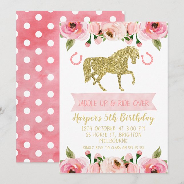 Pink Gold Floral Horse  Birthday Party Invitation (Front/Back)