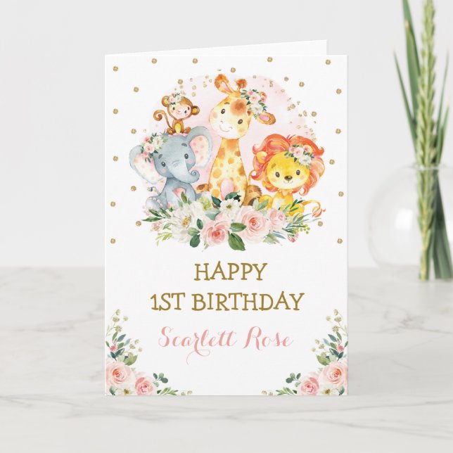 Pink Gold Floral Jungle Safari Animals Birthday Card (Front)
