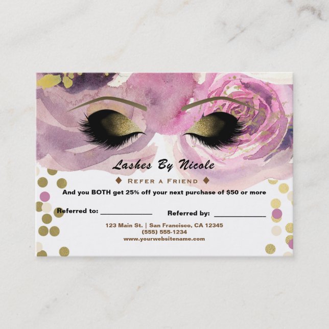 Pink Gold Floral Lashes Refer Friend Aftercare Referral Card (Front)