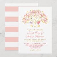 Pink Gold Floral Love Bird Wedding Invitation