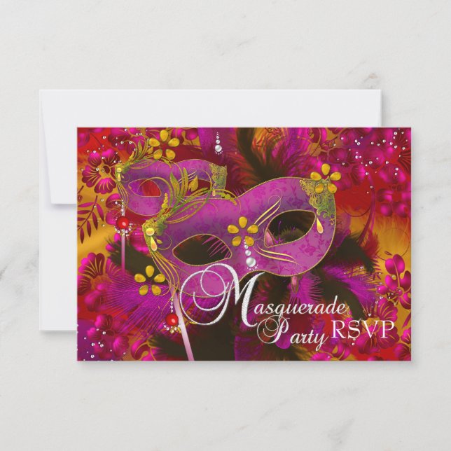 Pink Gold Floral Masquerade Party RSVP Card (Front)