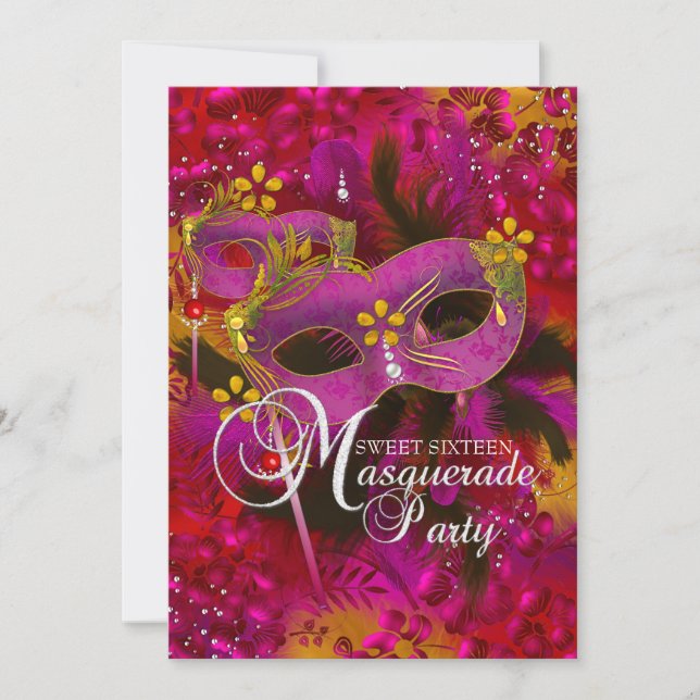 Pink Gold Floral Masquerade Sweet 16 Invite (Front)