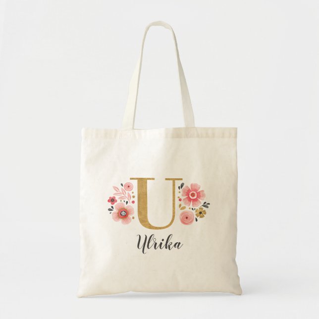 Pink Gold Floral Monogram Letter "U" Tote Bag (Front)