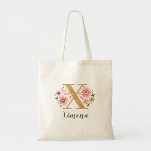 Pink Gold Floral Monogram Letter "X" Tote Bag