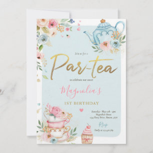 Pink & Gold Floral Par-tea Birthday Girl Invitation