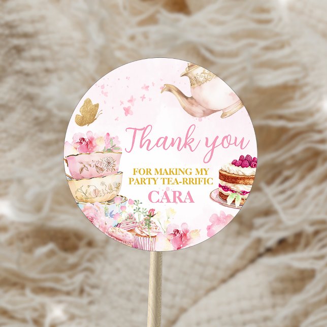 Pink Gold Floral Par-Tea Birthday Party Classic Round Sticker (Pink Gold Floral Par-Tea Birthday Party Sticker)