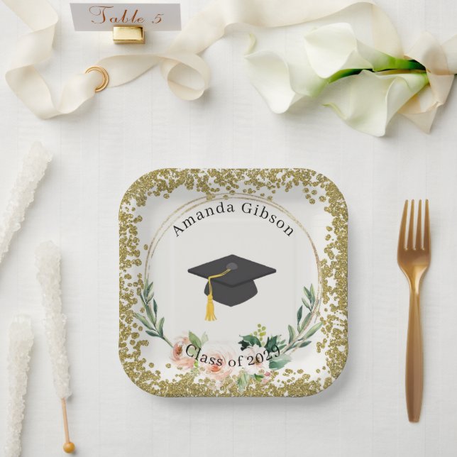 Pink & Gold Floral Personalised Graduation Party Paper Plate (Wedding)