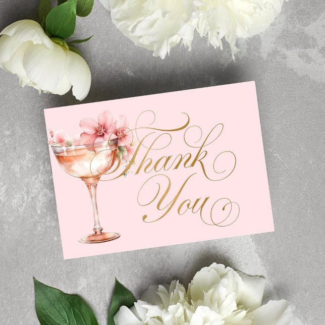 Pink Gold Floral Petals and Prosecco Bridal Shower Thank You Card (Creator Uploaded)