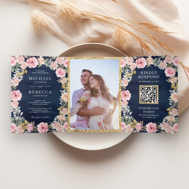 Pink Gold Floral Photo QR Code Navy Blue Wedding Tri-Fold Invitation (Creator Uploaded)