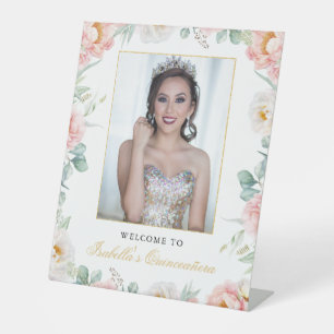 Pink Gold Floral Photo Quinceañera Welcome Sign