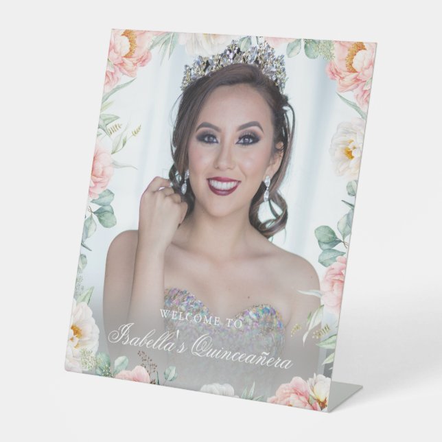 Pink Gold Floral Photo Quinceañera Welcome Sign (Front)