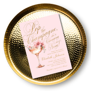 Pink Gold Floral Pop the Champagne Bridal Shower Invitation