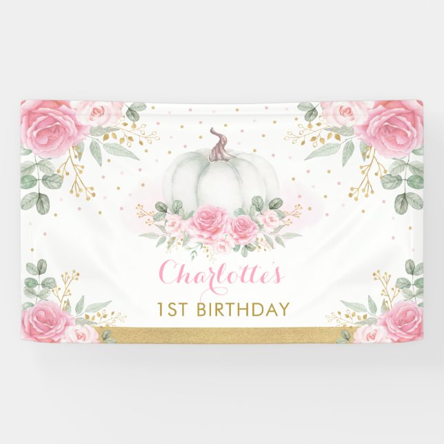 Pink Gold Floral Pumpkin Birthday Baby Girl Party Banner (Horizontal)