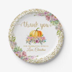 Pink Gold Floral Pumpkin Fall Party Thank You Paper Plate