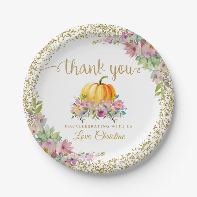 Pink Gold Floral Pumpkin Fall Party Thank You Paper Plate (Front)