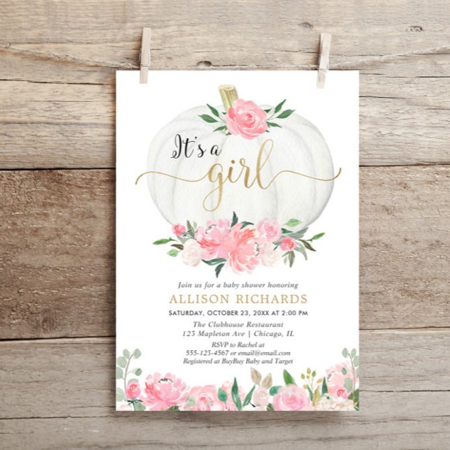 Pink gold floral pumpkin It's a girl baby shower Invitation (Creator Uploaded)