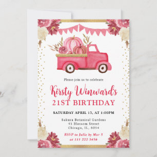 Pink Gold Floral Pumpkin Truck Fall 21st Birthday Invitation