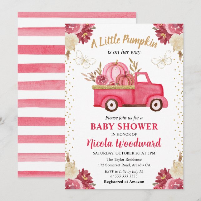 Pink & Gold Floral Pumpkin Truck Fall Baby Shower Invitation (Front/Back)