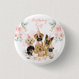 Pink Gold Floral Puppy Dogs Birthday Girl Button