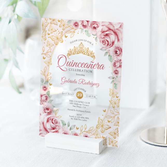 Pink Gold Floral Quinceanera Acrylic Invitations (Creator Uploaded)