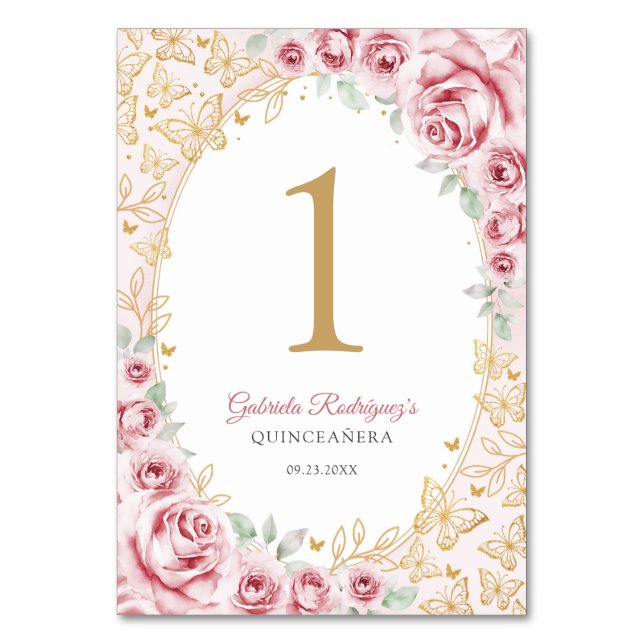 Pink Gold Floral Quinceanera Table Number (Front)