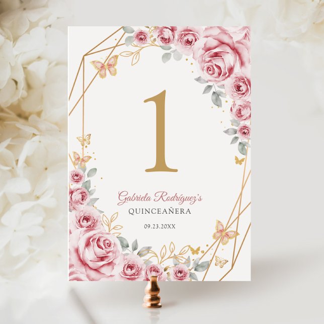 Pink Gold Floral Quinceanera Table Number (Creator Uploaded)