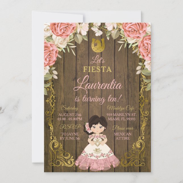 Pink & Gold Floral Rose Sweet Girl Wood Birthday Invitation (Front)