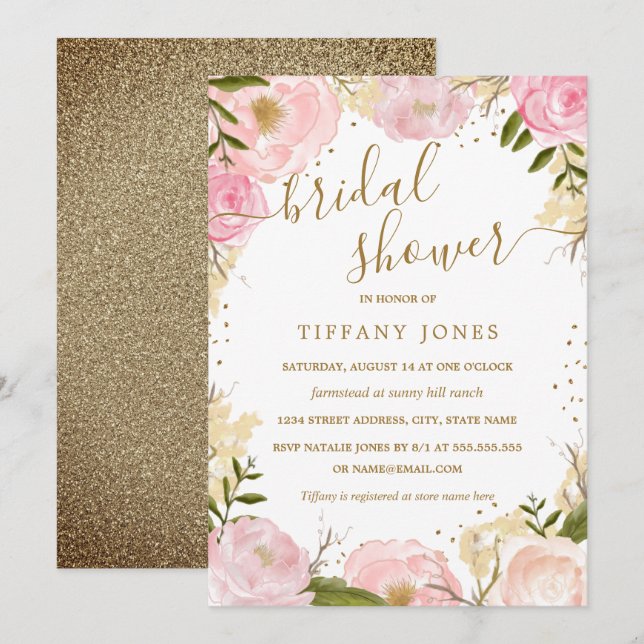 Pink Gold Floral Rose Watercolor Bridal Shower Invitation (Front/Back)