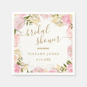 Pink Gold Floral Rose Watercolor Bridal Shower Napkin