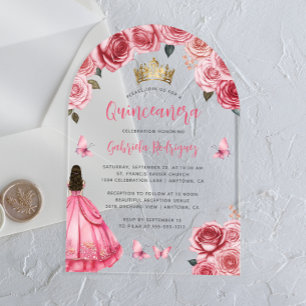 Pink Gold Floral Roses Watercolor Quinceañera Acrylic Invitations