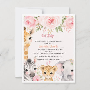 Pink Gold Floral Safari Animals Baby Shower Invita RSVP Card