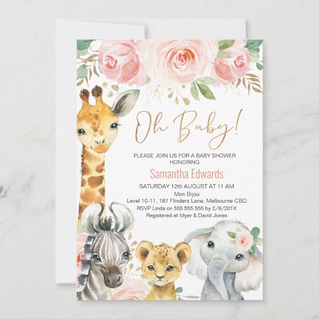 Pink Gold Floral Safari Animals Baby Shower Invitation (Front)