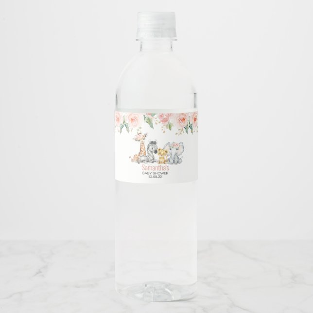 Pink Gold Floral Safari Baby Shower  Water Bottle Label (Front)