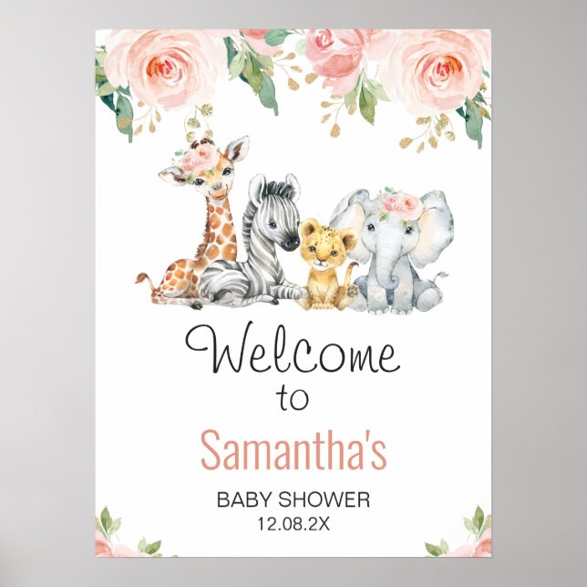 Pink Gold Floral Safari Baby Shower Welcome Sign (Front)