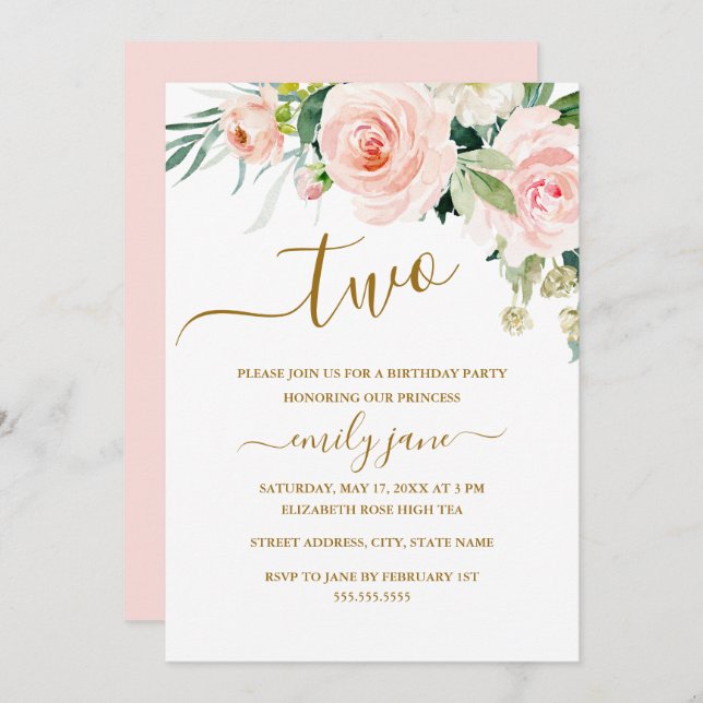 Pink Gold Floral Second 2nd Birthday Party Invitation (Front/Back)